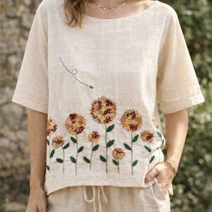 NEW Handmade Embroidered Cotton Blouse Thai Artisan Floral Boho Top
